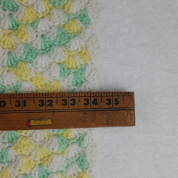 Handmade Crochet Baby Blanket Afghan White Green Yellow 36 x 34. - Picture 3 of 7
